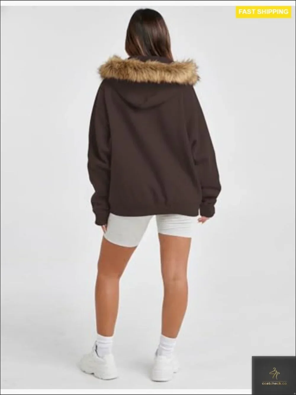 Faux Fur Trim Zip-Up Hoodie Oversized Fleece Lining Casual Jacket with Pockets